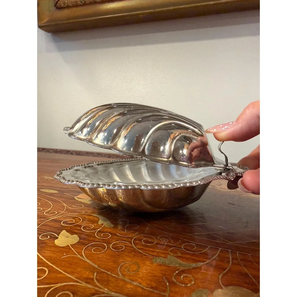 Vintage Clamshell Butter Dish • E&JL Silver Plate Server w/ Frosted Glass Insert